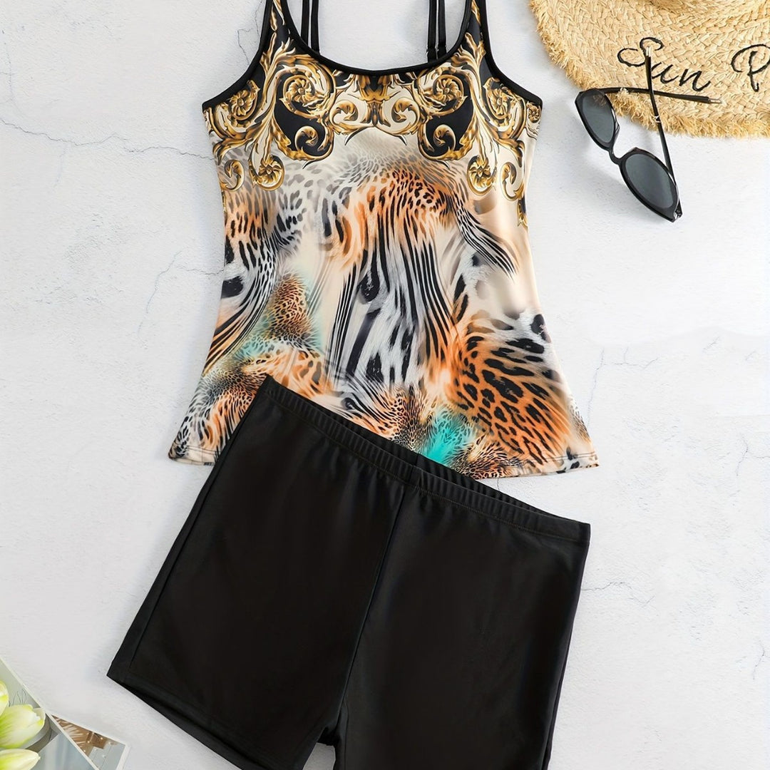 Damen Sportliches Tankini-Set mit modischem Animal-Print und Boxershorts Echo Archiv