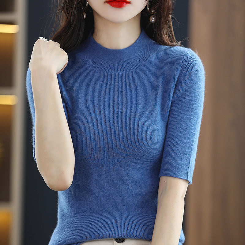Damen Kurzarm-Feinstrickpullover mit Stehkragen und taillierter Passform Echoarchiv