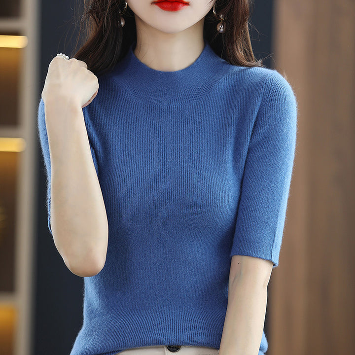 Damen Kurzarm-Feinstrickpullover mit Stehkragen und taillierter Passform Echoarchiv