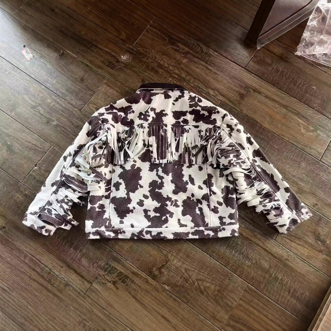 Damen Teddy-Truckerjacke mit Kuhfleckenmuster und Kunstlederkragen Echo Archiv