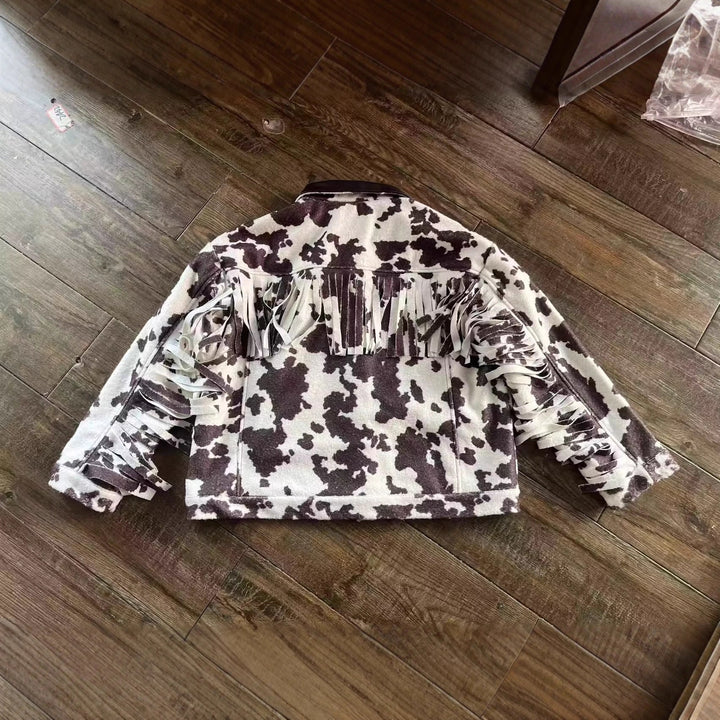 Damen Teddy-Truckerjacke mit Kuhfleckenmuster und Kunstlederkragen Echo Archiv