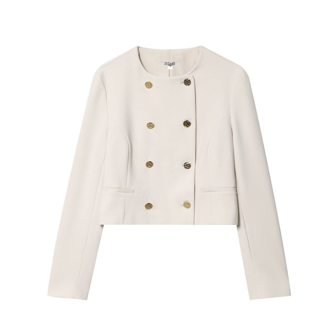 Damen Kurzer Doppelreihiger Blazer mit Rundhals und Zierknöpfen Echo Archiv