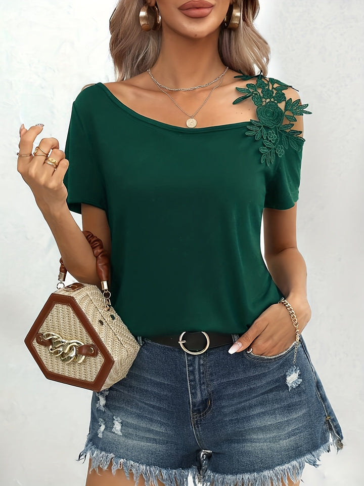 Damen nan schulterfreies Jerseyshirt mit floraler Spitzenapplikation und lockerer Passform Echo Archiv
