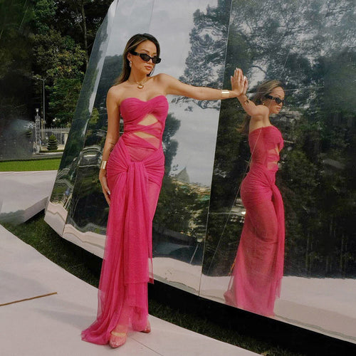 Damen Elegantes trägerloses Maxikleid mit raffinierten Drapierungen und transparenter Optik Echo Archiv