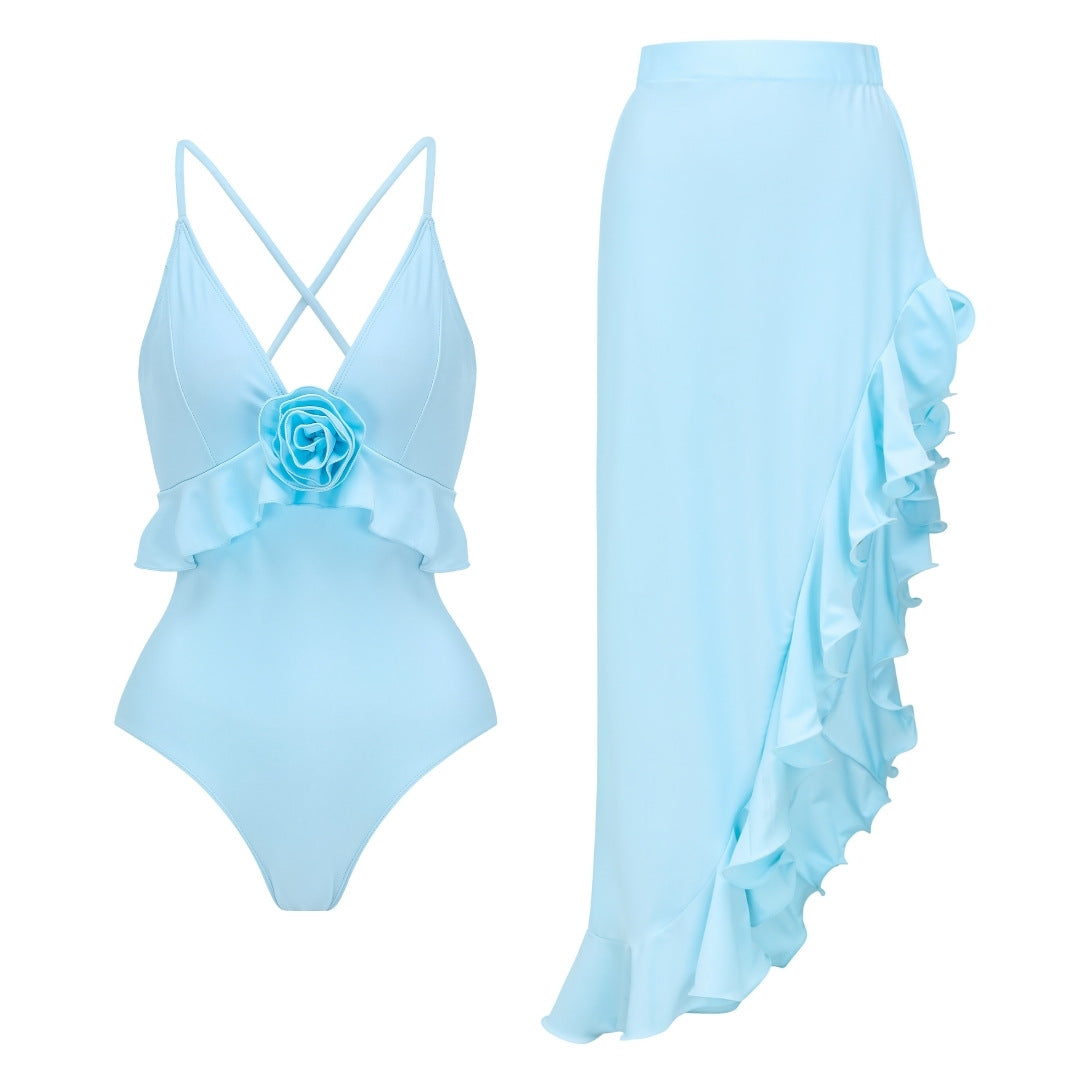 Damen Badeanzug mit voluminösen Rüschen und elegantem Maxirock Echo Archiv
