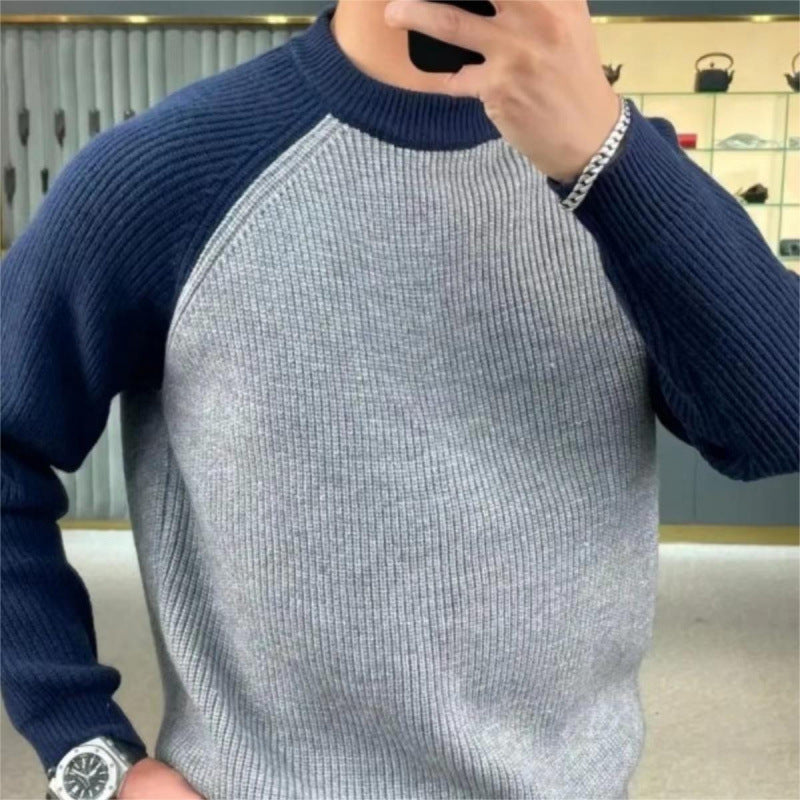 Herren Gerippter Raglan-Pullover mit Kontrastärmeln und kurzem Stehkragen Echoarchiv