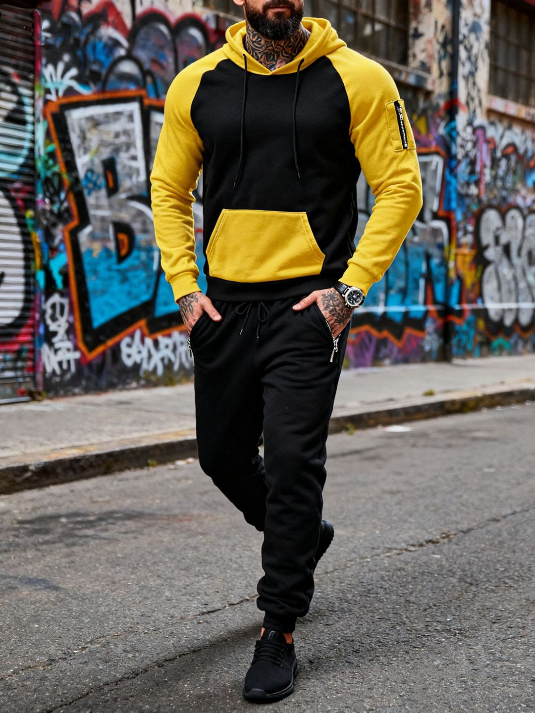 Herren nan zweiteiliges Kapuzen-Sweatset mit Raglanärmeln, Ärmel-Zip-Tasche und tapered Jogginghose Echo Archiv