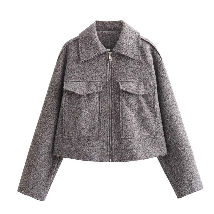 Damen kurzes Cropped Overshirt mit großflächigen Pattentaschen und durchgehendem Reißverschluss – Célinea