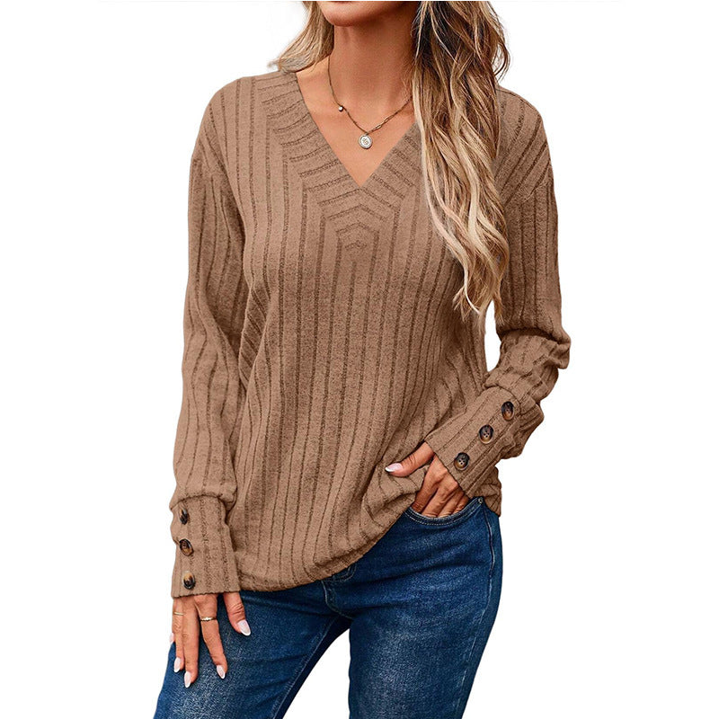 Damen Gerippter V-Ausschnitt Strickpullover mit Knopfmanschetten Echo Archiv