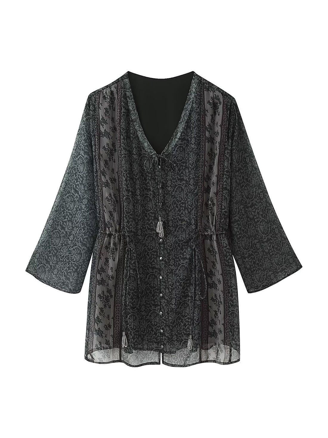 Damen Transparentes Boho-Tunika-Kleid mit V-Ausschnitt, Kordelzug und Quasten Echoarchiv