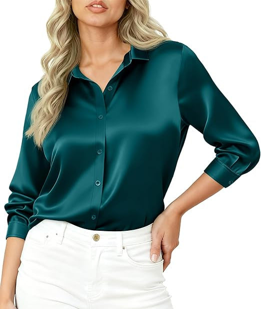 Damen Seidiges Satin-Blusenshirt mit Hemdkragen und dreiviertel Ärmeln – Élovi