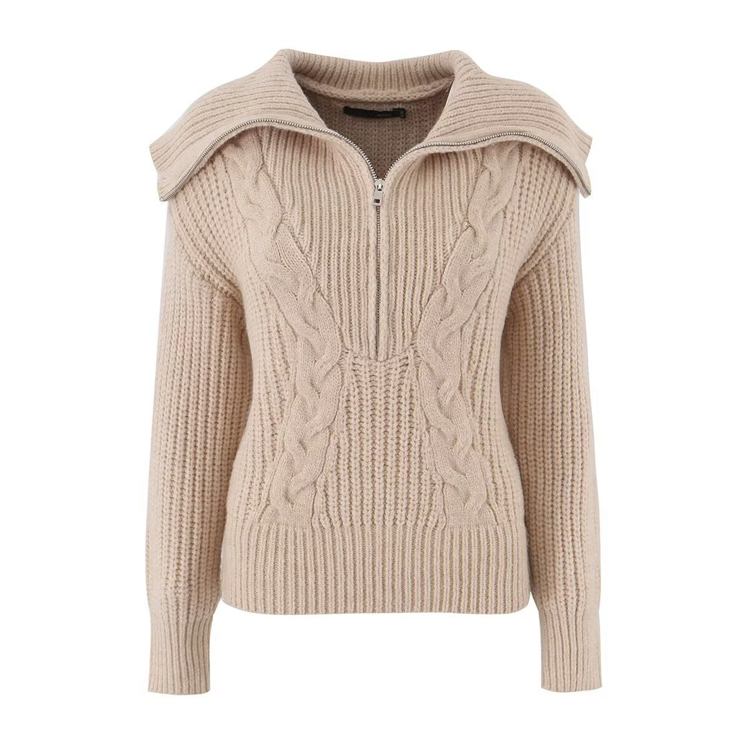 Damen Grobstrickpullover mit Zopfmuster und halbem Reißverschlusskragen Echo Archiv