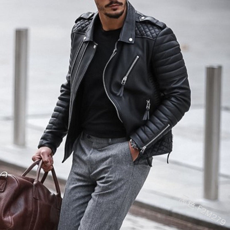 Herren modische Kunstleder-Bikerjacke mit Steppdetail und funktionalen Reißverschlusstaschen Echoarchiv