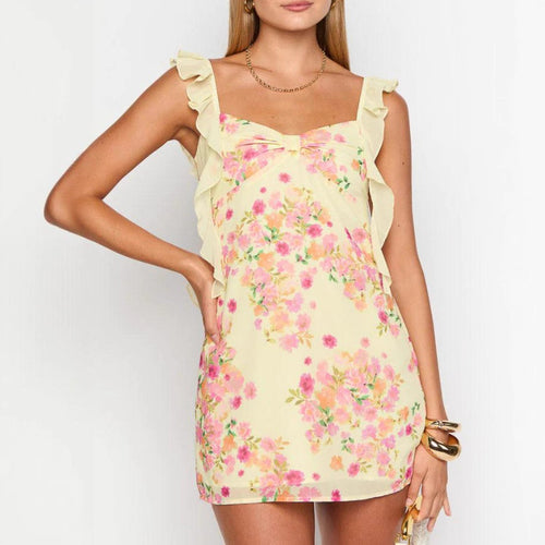 Damen nan kurzes Sommer-Minikleid mit Rüschen-Trägern, gerafftem Bustier und figurbetonter Silhouette Echo Archiv