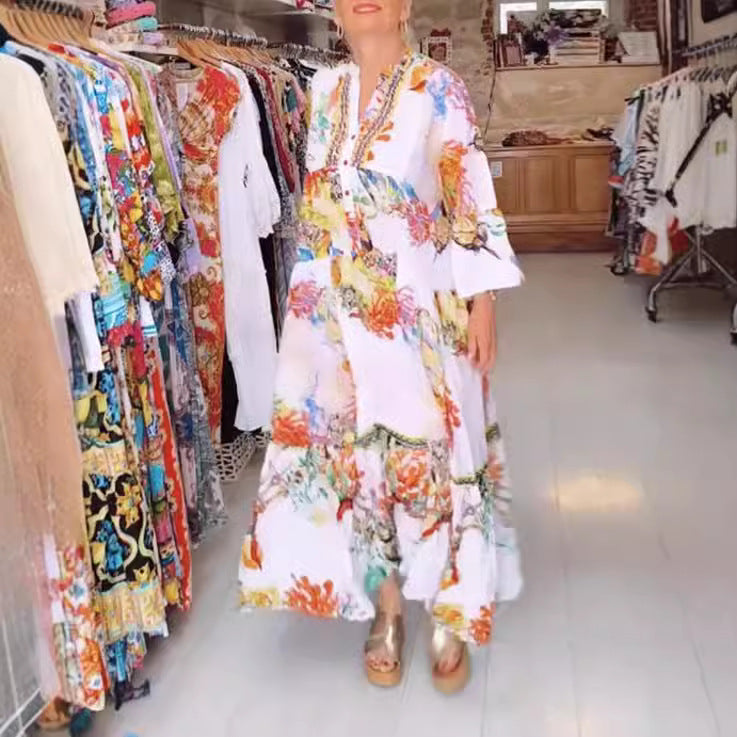 Damen nan luftiges Maxikleid im Lagenlook mit V-Ausschnitt, Knopfleiste und dreiviertel-Glockenärmeln Echo Archiv