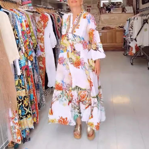 Damen nan luftiges Maxikleid im Lagenlook mit V-Ausschnitt, Knopfleiste und dreiviertel-Glockenärmeln Echo Archiv