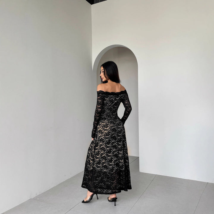 Damen nan schulterfreies Spitzenmidikleid mit feiner floraler Spitze, gefütterter Innenlage und tailliertem Schnitt Echo Archiv