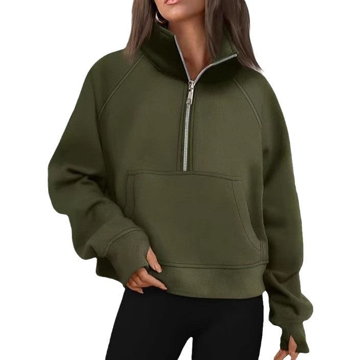 Damen oversized Sweatshirt mit halbem Reißverschluss Kängurutasche und Daumenlöchern – Avérine