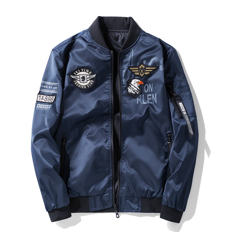 Men's satin aviator patch bomber jacket with embroidered badges zip sleeve pocket and ribbed trims – Brevano