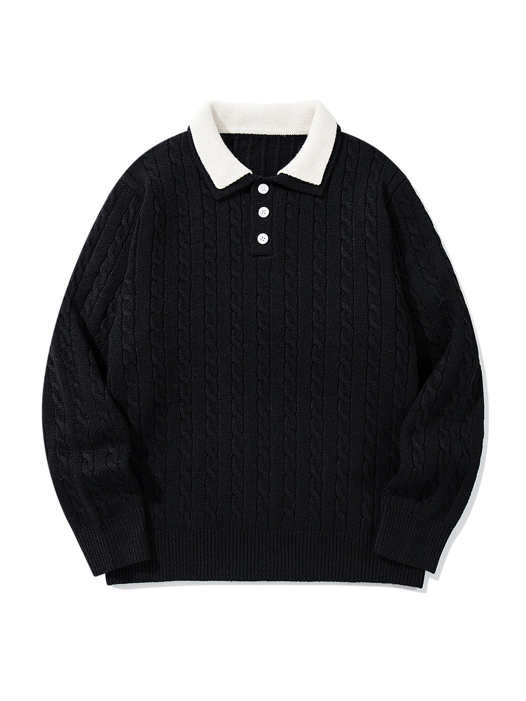 Unisex Polo-Strickpullover mit Zopfstrick und Kontrastkragen Echoarchiv