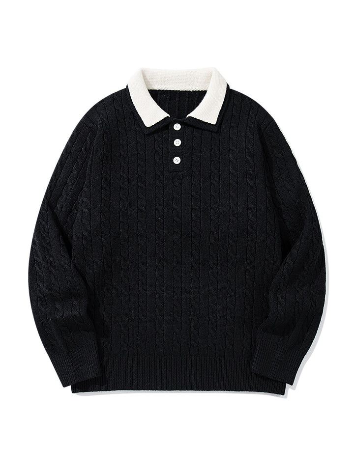 Unisex Polo-Strickpullover mit Zopfstrick und Kontrastkragen Echoarchiv