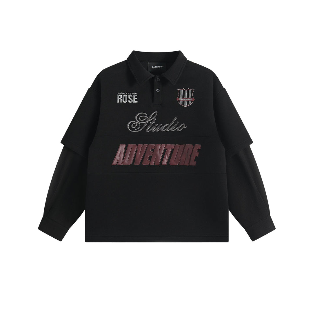 Damen Lagenlook-Sweatshirt mit Polokragen und aufgesetzten Stick-Patches Echoarchiv