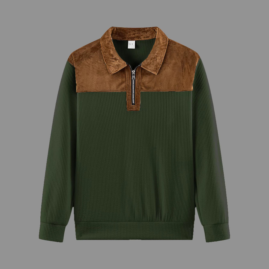 Unisex nan feinstrukturierter Strickpullover mit halbem Reißverschlusskragen und Samtbesatz Echo Archiv