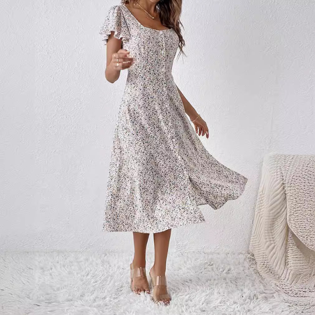 Damen nan tailliertes Midikleid mit quadratischem Ausschnitt, verdeckter Knopfleiste und fließendem A-Linien-Rock Echo Archiv