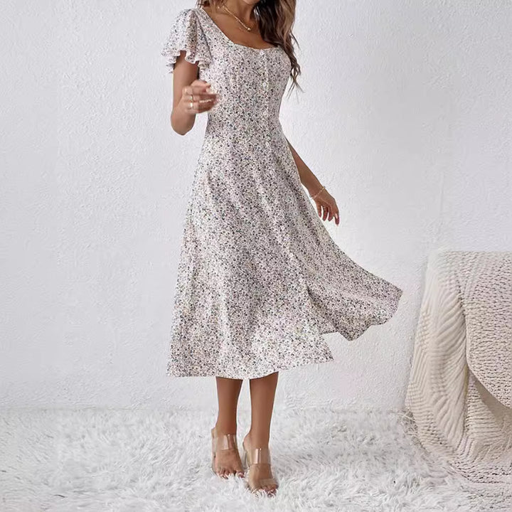 Damen nan tailliertes Midikleid mit quadratischem Ausschnitt, verdeckter Knopfleiste und fließendem A-Linien-Rock Echo Archiv