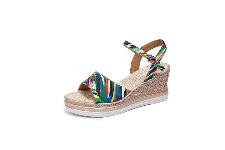 Damen  Espadrille-Keilpantoletten mit geflochtenem Bastplateau und verstellbarem Knöchelriemen Echo Archiv