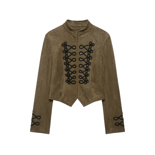 Damen Taillierter Cropped‑Veloursleder‑Blouson mit militärischer Kordelapplikation und Stehkragen Echo Archiv