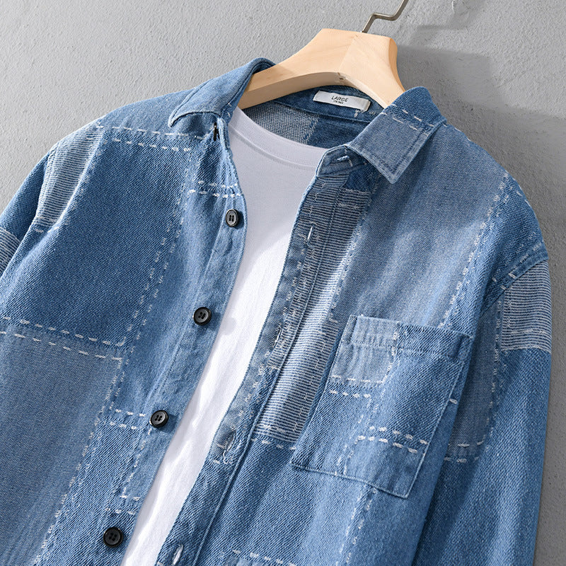 Herren Patchwork-Hemdjacke aus strukturiertem Denim mit sichtbarer Naht und Brusttasche Echoarchiv