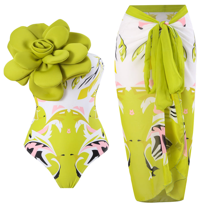 Damen Eleganter Badeanzug mit großem Blumen-Detail und transparentem Überrock Echo Archiv