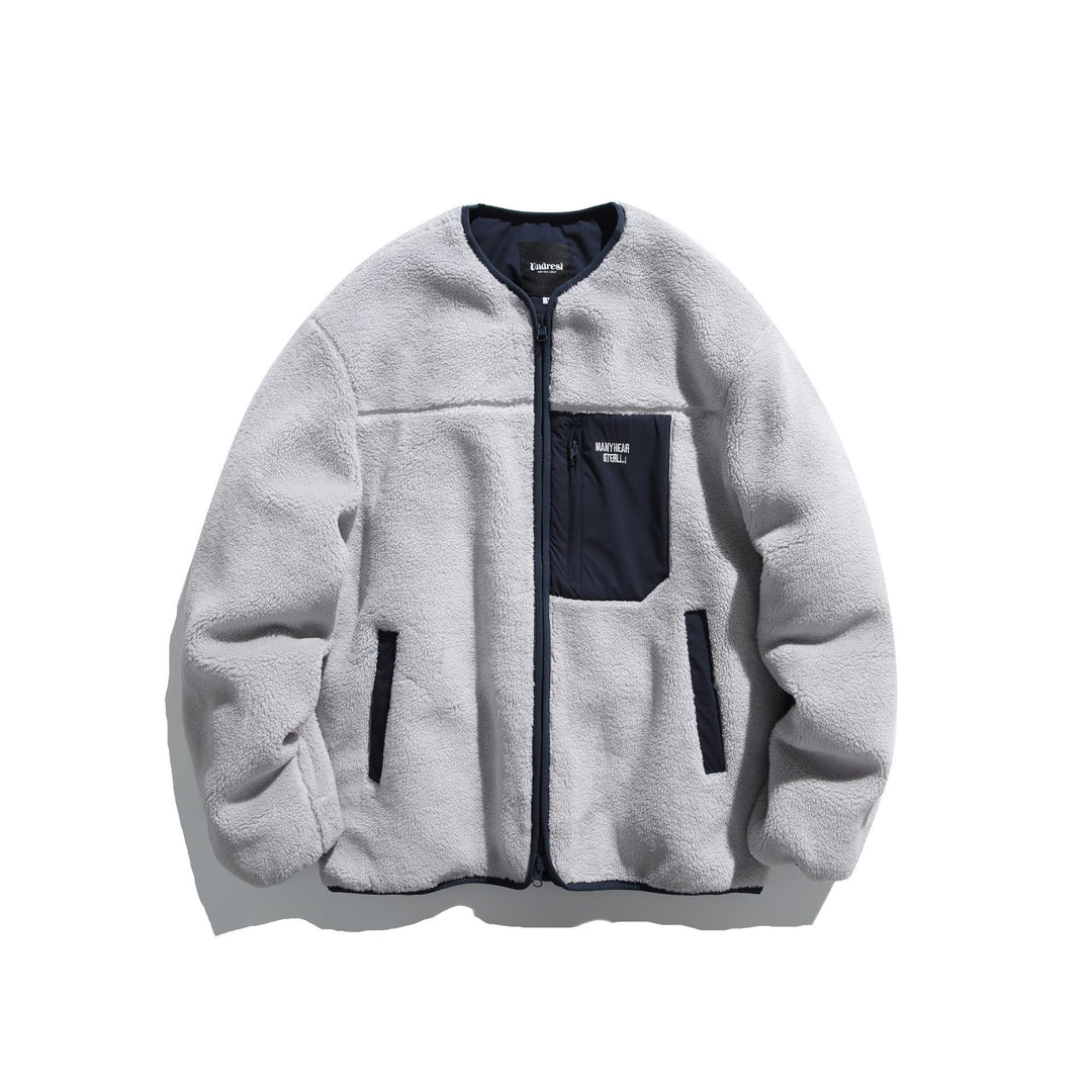 Unisex Kurz geschnittene Teddy‑Fleecejacke mit Nylon‑Brusttasche und durchgehendem Reißverschluss Echoarchiv