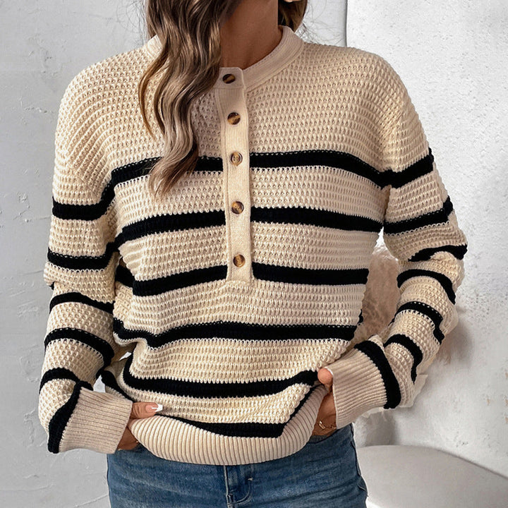 Damen Gestreifter Waffelstrick-Henley-Pullover mit Knopfleiste Echoarchiv