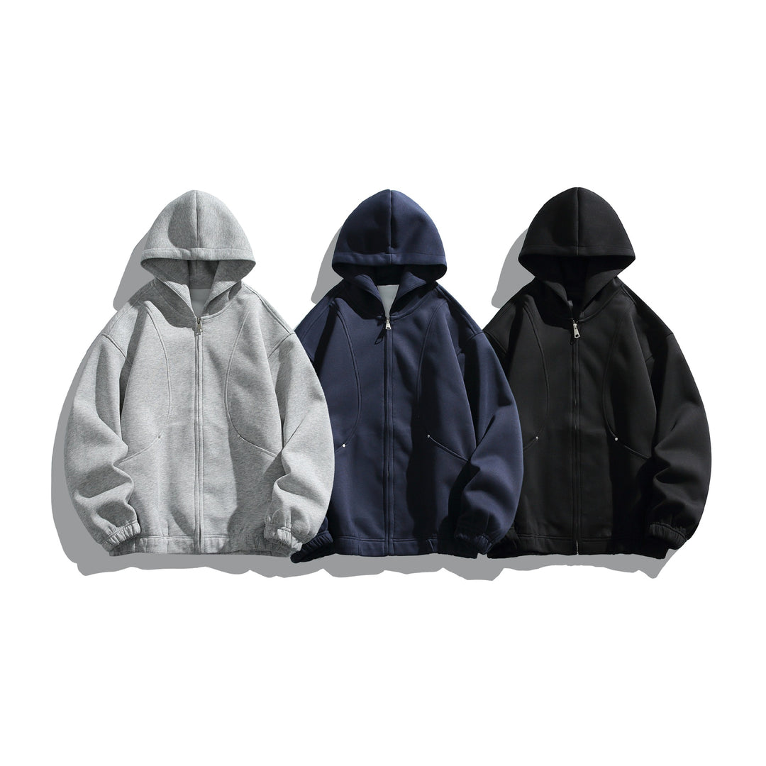 Unisex Kapuzenjacke mit durchgehendem Reißverschluss, strukturierter Neopren‑Optik und Kugelfalten-Details Echoarchiv