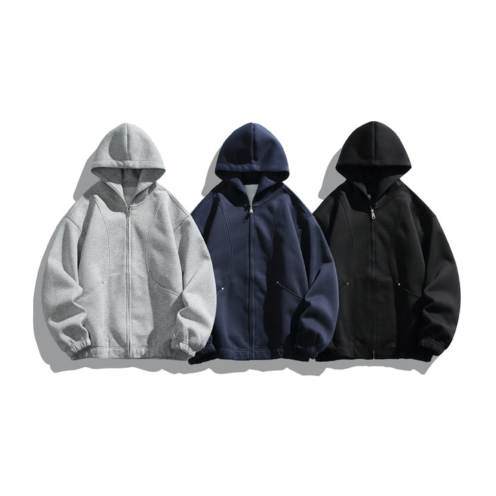 Unisex Kapuzenjacke mit durchgehendem Reißverschluss, strukturierter Neopren‑Optik und Kugelfalten-Details Echoarchiv