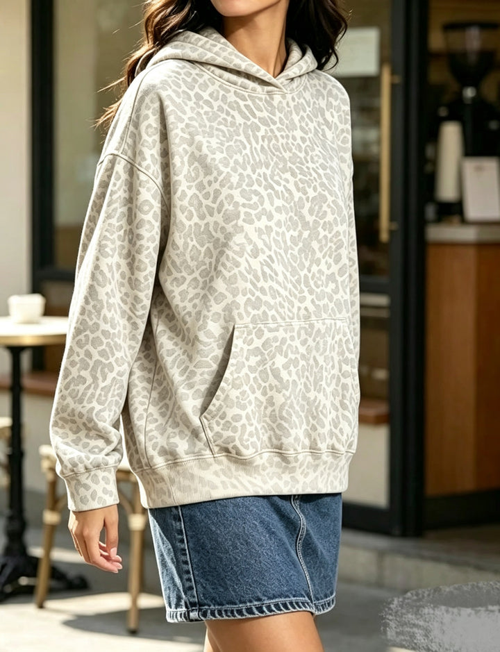 Damen Oversize-Kapuzenpullover mit Leomuster, Kängurutasche und überschnittener Schulter Echo Archiv