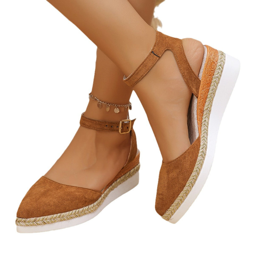 Damen nan geschlossene Velours-Espadrille mit Keilplattform, verstellbarem Knöchelriemen und geflochtenem Bastrand Echo Archiv