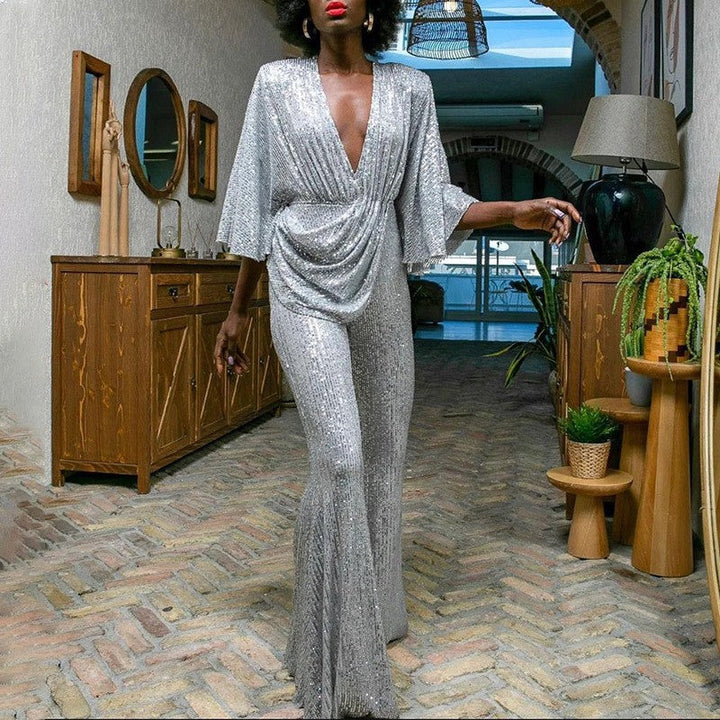 Damen Glamouröser Jumpsuit mit funkelnden Pailletten und weitem Bein Echoarchiv