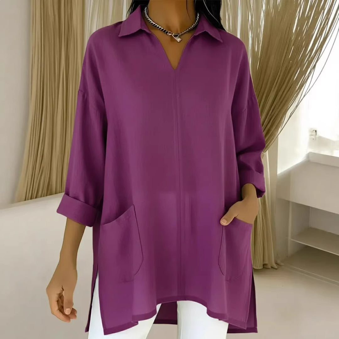 Damen Oversize-Tunika mit Hemdkragen, V-Ausschnitt und aufgesetzten Taschen Echo Archiv