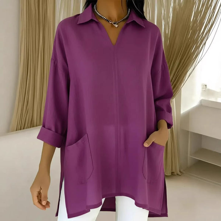 Damen Oversize-Tunika mit Hemdkragen, V-Ausschnitt und aufgesetzten Taschen Echo Archiv