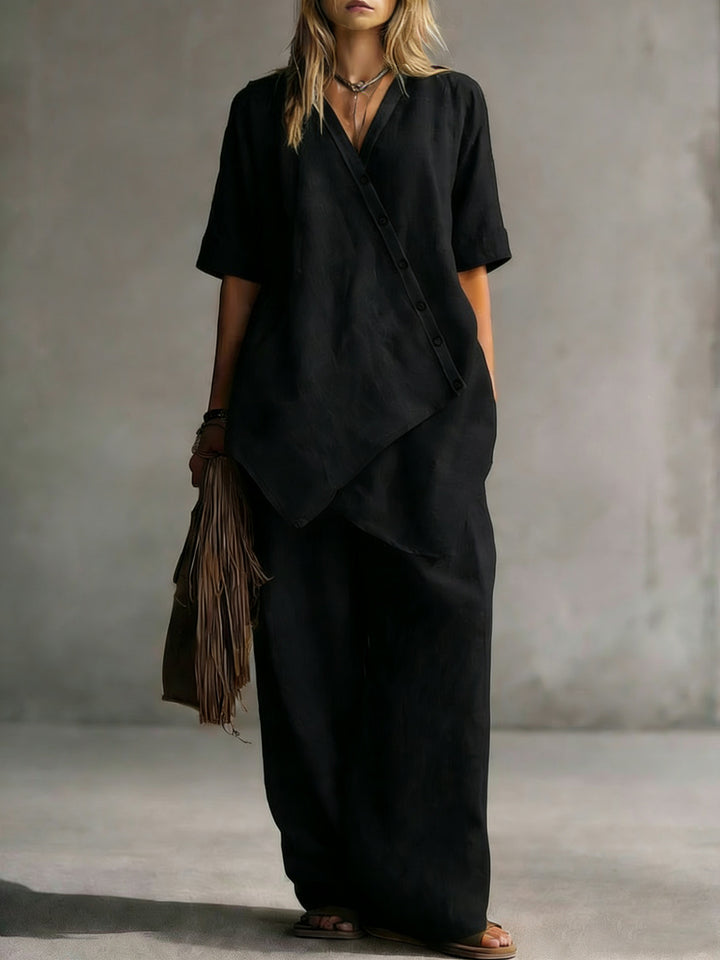 Damen Leinen-Zweiteiler mit asymmetrischer Knopfleiste und weiter Palazzo-Hose – Élanora