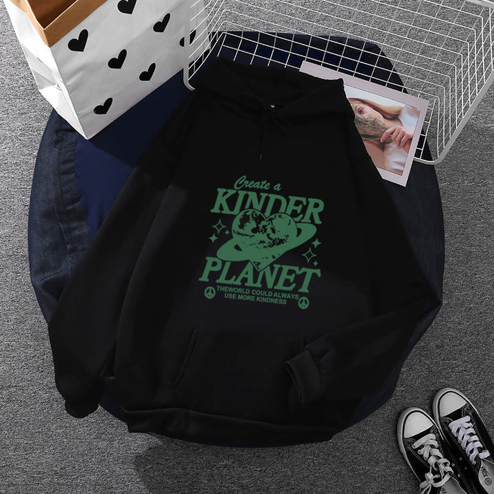 Unisex oversized Kapuzenpullover mit Statement-Print "Kinder Planet", Kängurutasche und weichem Futter – Auréline