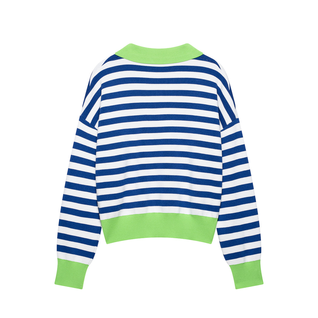 Damen Gestreifter Cropped‑Polo‑Pullover aus Feinstrick mit Ballonärmeln Echoarchiv