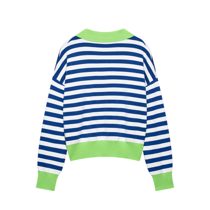 Damen Gestreifter Cropped‑Polo‑Pullover aus Feinstrick mit Ballonärmeln Echoarchiv