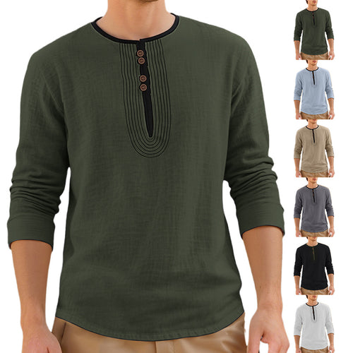 Herren nan lässiges Leinenmix-Langarmshirt mit dekorativer Knopfleiste und Ziersteppung Echo Archiv