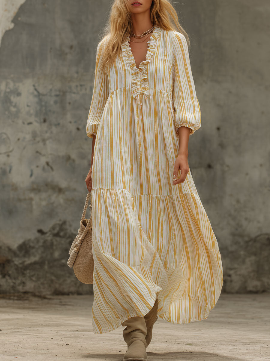 Damen Maxikleid mit Rüschen-V-Ausschnitt und Ballonärmeln Echoarchiv