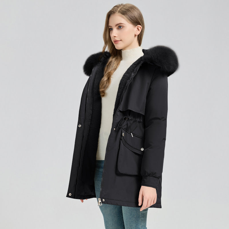Damen Midilanger Thermoparka mit Teddy-Innenfutter, abnehmbarem Kunstpelzkragen und Taillenregulierung Echo Archiv