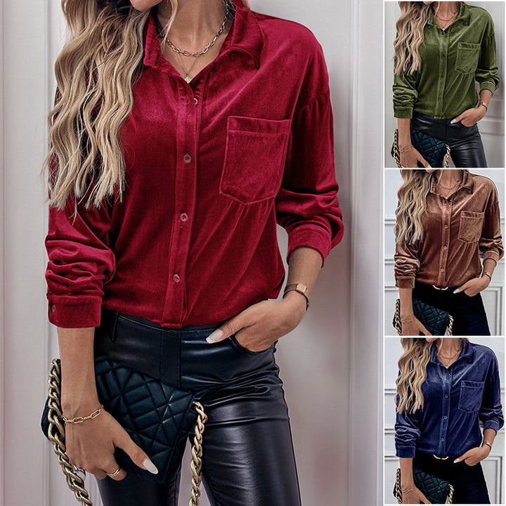 Damen Velours-Hemdbluse mit Brusttasche und klassischem Kragen Echoarchiv